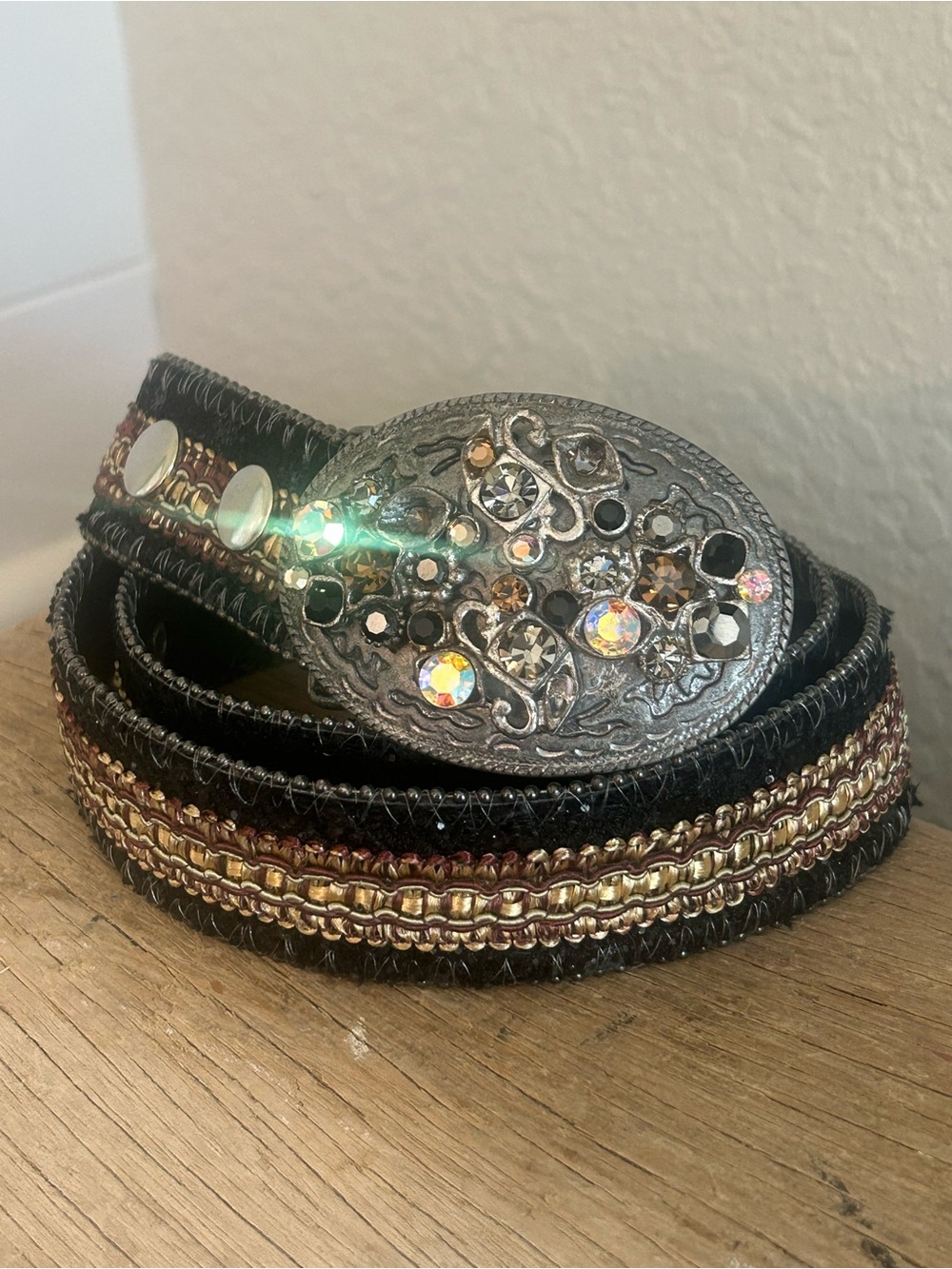 Western Rhinestone Studded Belt & Ornate Buckle Black Brown Gold Size Large